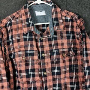 Old Navy Loose Fit Pocket Shirt Shacket Mens L Pink Plaid Grunge 90s Cabincore